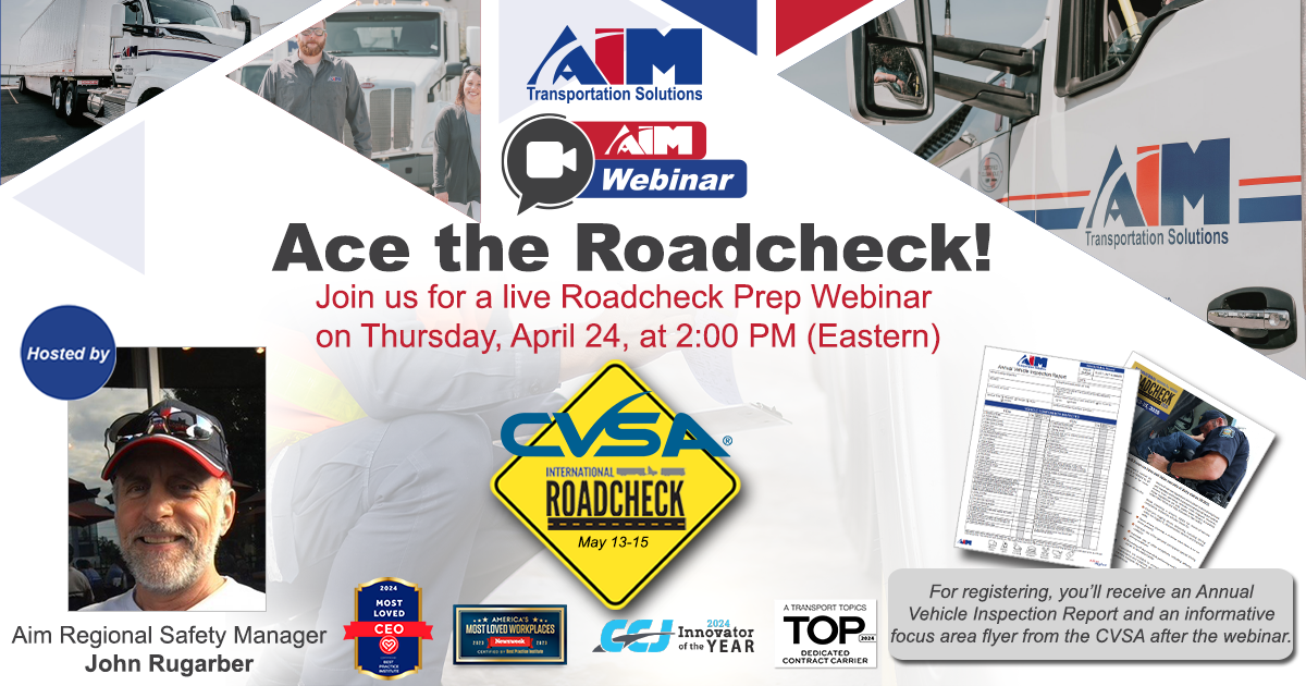 Graphic promoting Aim's upcoming webinar focused on the CVSA International Roadcheck.