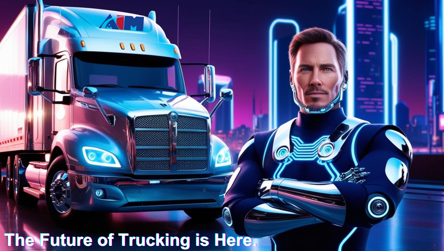 A futuristic scene featuring a large, modern semi-truck with the logo 'Aim' on its front. In the foreground stands a person with their face obscured, dressed in a high-tech suit with glowing blue lines and metallic elements. The background shows a cityscape with tall buildings illuminated by neon lights. The text at the bottom reads, 'The Future of Trucking is Here.