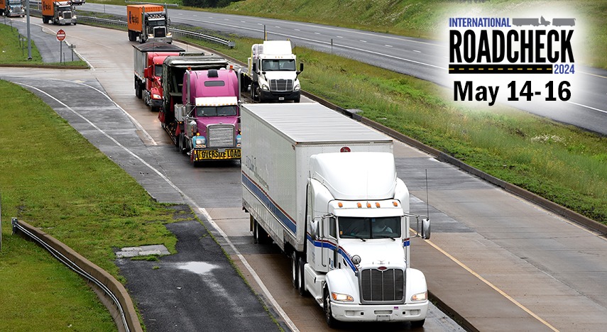 Picture with trucks pulling into weigh station, promoting the International Roadcheck